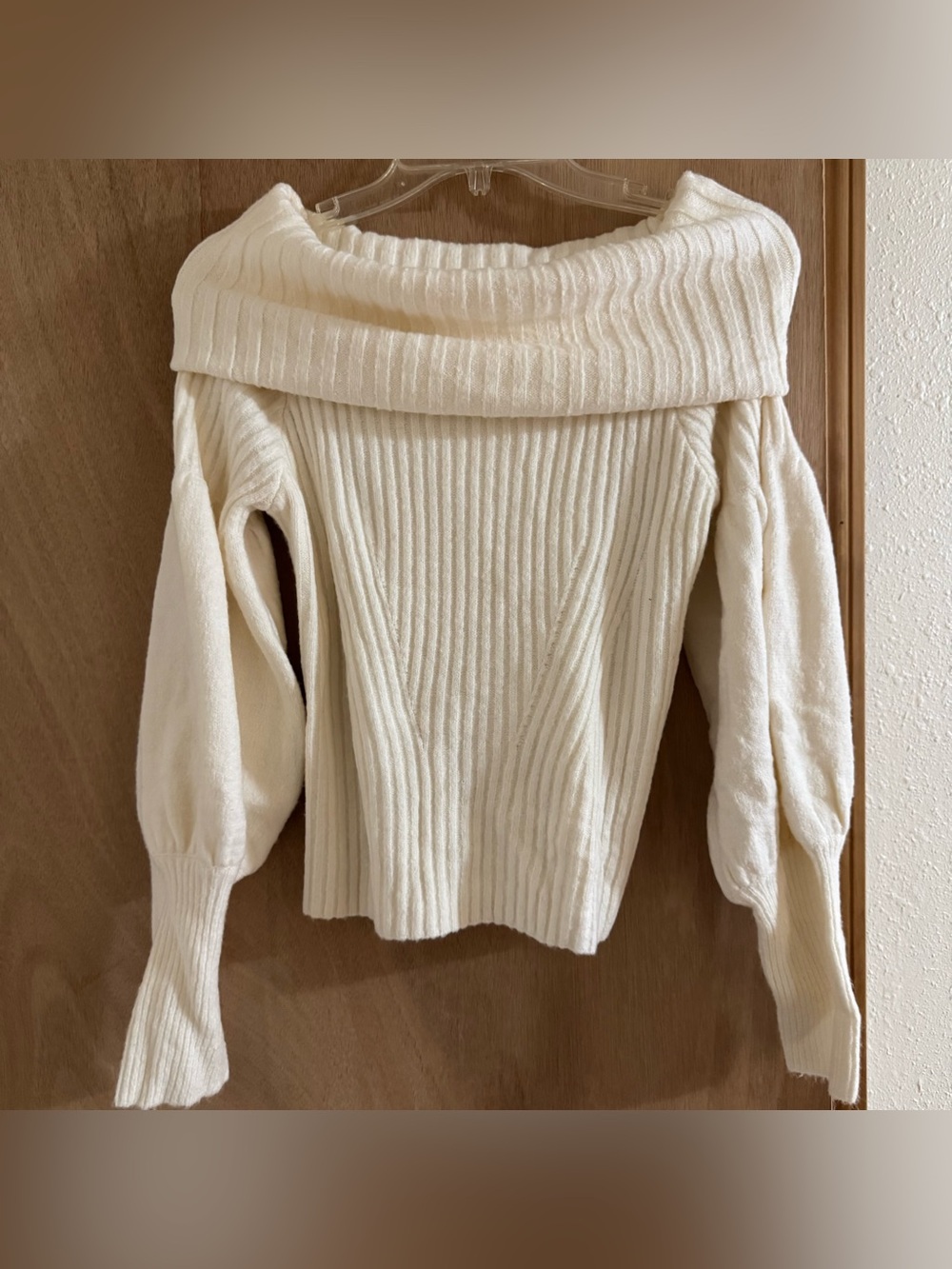 Off-Shoulder Ribbed Foldover Sweater in Cream